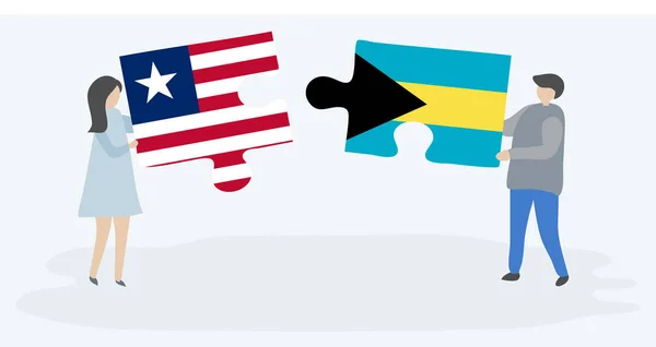 Couple Holding Two Puzzles Pieces Liberian Bahamian Flags Liberia Bahamas — Stock Vector