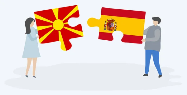 Casal Segurando Duas Peças Quebra Cabeças Com Bandeiras Macedônia Espanhola —  Vetores de Stock