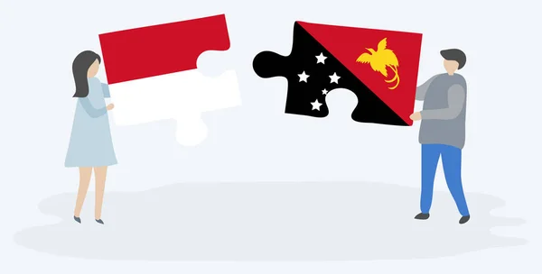 Monegasque Papuan Bayrakları Ile Iki Bulmaca Parçaları Tutan Çift Monako — Stok Vektör