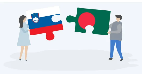 Pareja Sosteniendo Dos Piezas Rompecabezas Con Banderas Eslovenas Bangladesíes Eslovenia — Archivo Imágenes Vectoriales