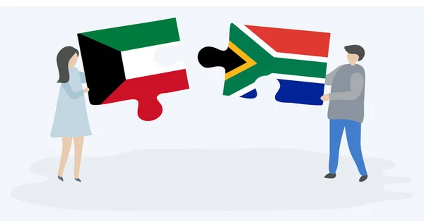 Pareja Sosteniendo Dos Piezas Rompecabezas Con Banderas Kuwaitíes Sudafricanas Kuwait — Archivo Imágenes Vectoriales