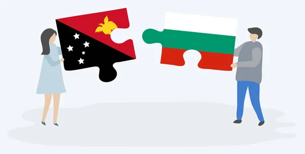 Casal Segurando Duas Peças Quebra Cabeças Com Bandeiras Papuas Búlgaras —  Vetores de Stock