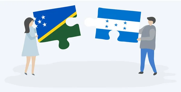 Пара Держащая Две Головоломки Флажками Соломона Гондураса Соломоновы Острова Гондурас — стоковый вектор