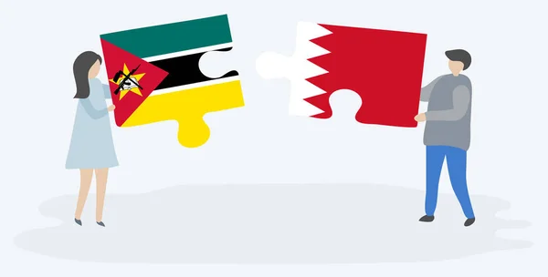 Casal Segurando Duas Peças Quebra Cabeças Com Bandeiras Moçambique Bahrein —  Vetores de Stock