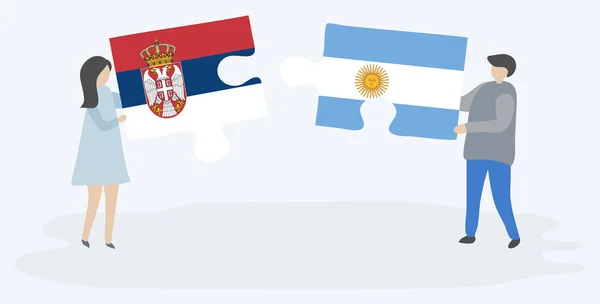 夫妇拿着两个拼图片与塞尔维亚和阿根廷国旗 塞尔维亚和阿根廷国家符号在一起 — 图库矢量图片