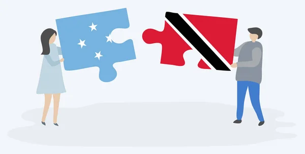 Casal Segurando Duas Peças Quebra Cabeças Com Bandeiras Micronésias Trinidadianas —  Vetores de Stock