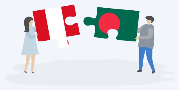 Par Som Innehar Två Pusselbitar Med Peruanska Och Bangladeshiska Flaggor — Stock vektor