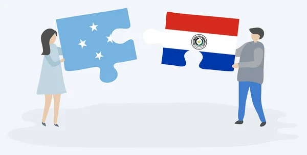 Couple Tenant Deux Pièces Puzzles Avec Des Drapeaux Micronésiens Paraguayens — Image vectorielle