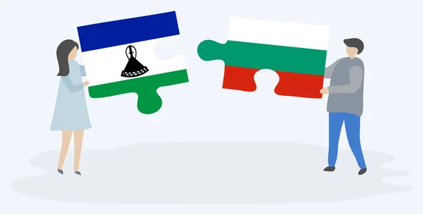 Casal Segurando Duas Peças Quebra Cabeças Com Bandeiras Basotho Búlgaro —  Vetores de Stock