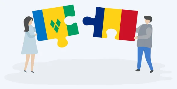 Paar Houden Twee Puzzels Stukken Met Vincentian Roemeense Vlaggen Saint — Stockvector