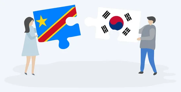 Paar Houden Twee Puzzels Stukken Met Congolese Zuid Koreaanse Vlaggen — Stockvector