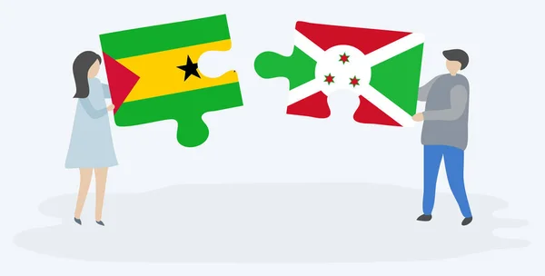 Para Trzyma Dwa Kawałki Puzzli Sao Tomean Burundian Flagi Sao — Wektor stockowy