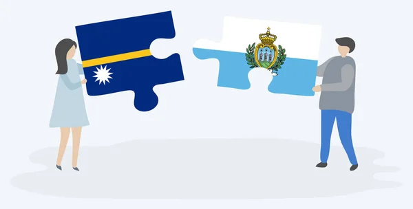 Pareja Sosteniendo Dos Piezas Rompecabezas Con Banderas Nauruan Sammarinese Nauru — Vector de stock
