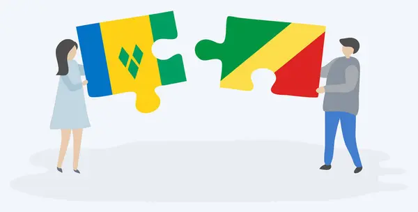 Ζευγάρι Που Κρατά Δύο Κομμάτια Παζλ Βινεντιάν Και Κογκολέζικες Σημαίες — Διανυσματικό Αρχείο