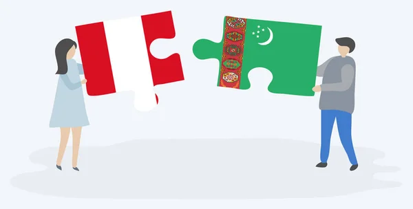 Couple Tenant Deux Pièces Puzzles Avec Des Drapeaux Péruviens Turkmènes — Image vectorielle