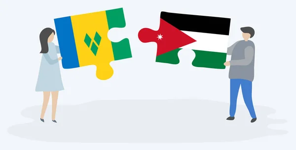 ビンセンティアンとヨルダンの旗を持つ2つのパズルピースを保持しているカップル セントビンセントとグレナディーン諸島とヨルダンのシンボル — ストックベクタ