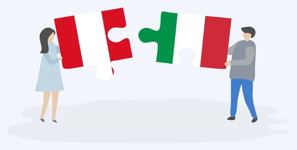 Пара Проведення Двох Головоломок Штук Перуанських Італійських Прапорів Національні Символи — стоковий вектор