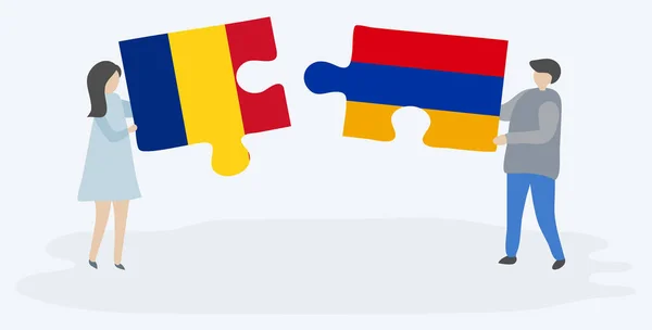 Pareja Sosteniendo Dos Piezas Rompecabezas Con Banderas Rumanas Armenias Rumanía — Vector de stock