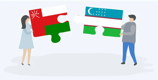 Couple Tenant Deux Pièces Puzzles Avec Des Drapeaux Omanais Ouzbeks — Image vectorielle
