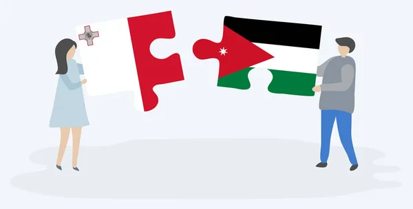 マルタとヨルダンの旗を持つ2つのパズルピースを保持しているカップル マルタとヨルダンの国のシンボル — ストックベクタ