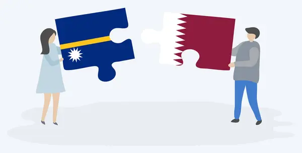 Paar Houden Twee Puzzels Stukken Met Nauruan Qatari Vlaggen Nauru — Stockvector