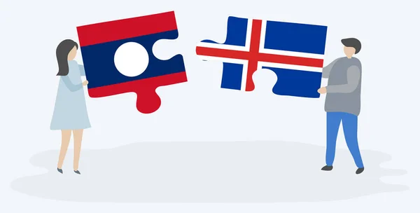 Ζευγάρι Που Κρατά Δύο Κομμάτια Παζλ Λάος Και Ισλανδικές Σημαίες — Διανυσματικό Αρχείο