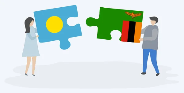 パラオとザンビアの旗を持つ2つのパズルピースを保持しているカップル パラオとザンビアの国のシンボル — ストックベクタ