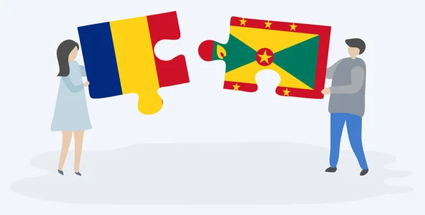 Paar Houden Twee Puzzels Stukken Met Roemeense Grenadian Vlaggen Roemenië — Stockvector