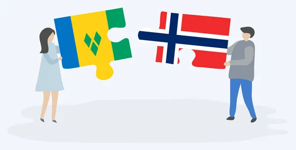 Ζευγάρι Που Κρατά Δύο Κομμάτια Παζλ Βινεντιάν Και Νορβηγικές Σημαίες — Διανυσματικό Αρχείο