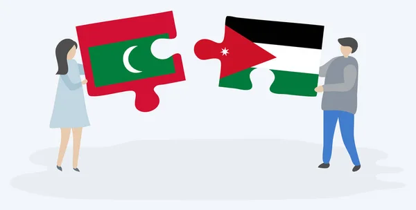 Couple Holding Two Puzzles Pieces Maldivian Jordanian Flags Maldives Jordan — Stock Vector
