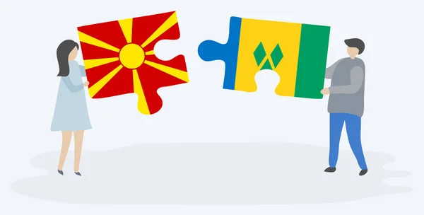 Couple Tenant Deux Pièces Puzzles Avec Des Drapeaux Macédoniens Vincentiens — Image vectorielle