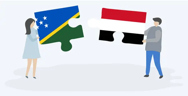 Dvojice Dvě Skládanky Vlajkami Šalamounových Ostrovů Yemeni Společné Národní Symboly — Stockový vektor