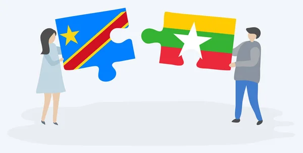 Pareja Sosteniendo Dos Piezas Rompecabezas Con Banderas Congoleñas Birmanas República — Archivo Imágenes Vectoriales