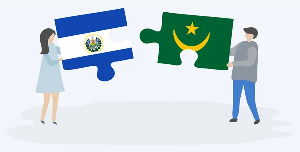 Para Trzyma Dwa Kawałki Puzzli Salwador Mauretańskich Flag Salwador Mauretania — Wektor stockowy