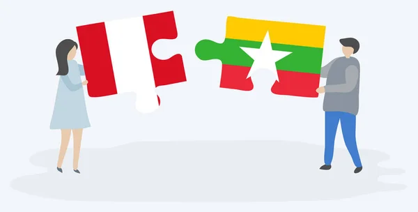Par Som Innehar Två Pusselbitar Med Peruanska Och Burmesiska Flaggor — Stock vektor