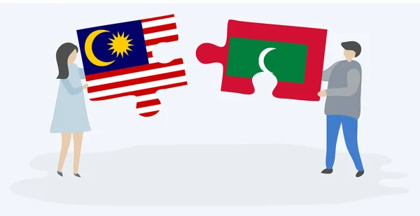 Paar Houden Twee Puzzels Stukken Met Maleisische Maldivische Vlaggen Maleisië — Stockvector