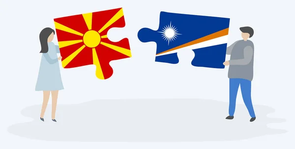 Casal Segurando Duas Peças Quebra Cabeças Com Bandeiras Macedônia Marshallese —  Vetores de Stock