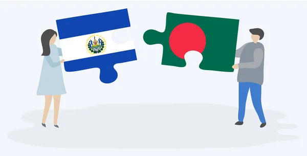 Couple Tenant Deux Pièces Puzzles Avec Des Drapeaux Salvadoriens Bangladais — Image vectorielle