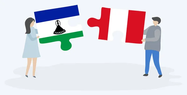 Ζευγάρι Που Κρατάει Δύο Κομμάτια Παζλ Σημαίες Basotho Και Περουβιανό — Διανυσματικό Αρχείο