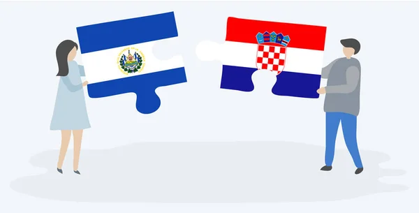 Couple Tenant Deux Pièces Puzzles Avec Des Drapeaux Salvadoriens Croates — Image vectorielle