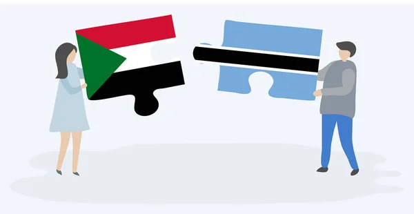 Pareja Sosteniendo Dos Piezas Rompecabezas Con Banderas Sudán Motswana Sudán — Archivo Imágenes Vectoriales