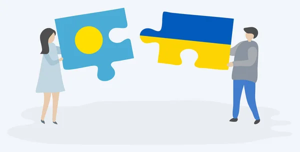 Couple Tenant Deux Pièces Puzzles Avec Des Drapeaux Palauan Ukrainien — Image vectorielle