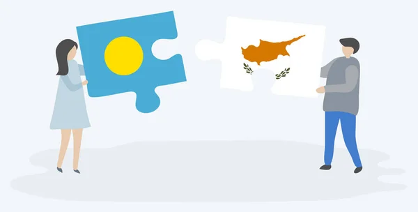 パラオとキプロスの旗を持つ2つのパズルピースを保持しているカップル パラオとキプロスの国のシンボル — ストックベクタ