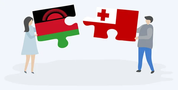 Dvojice Drží Dvě Skládanky Malawiansky Tonganovou Vlajkou Národní Symboly Malawi — Stockový vektor