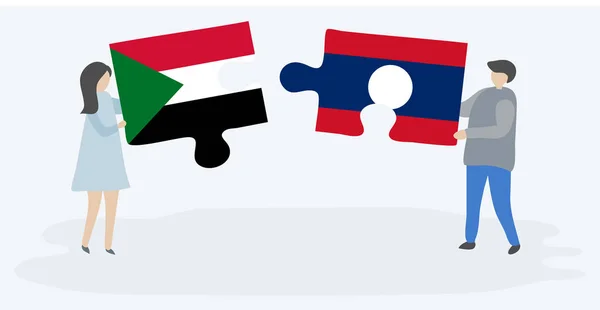 Пара Держащая Две Головоломки Флагами Судана Лаоса Государственные Символы Судана — стоковый вектор