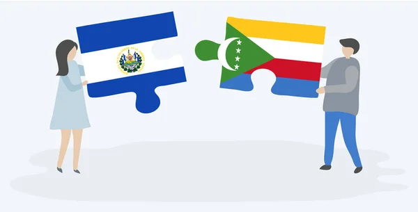 Pareja Sosteniendo Dos Piezas Rompecabezas Con Banderas Salvadoreñas Comoranas Salvador — Vector de stock