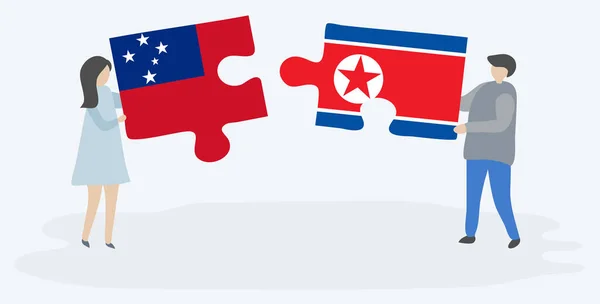 Samoa Kuzey Kore Bayrakları Ile Iki Bulmaca Parçaları Tutan Çift — Stok Vektör