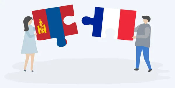 Pár Jich Drží Dvě Skládanky Mongolsky Francouzskými Vlajkami Mongolsko Francouzské — Stockový vektor