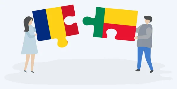 Pareja Sosteniendo Dos Piezas Rompecabezas Con Banderas Rumanas Beninesas Rumanía — Archivo Imágenes Vectoriales