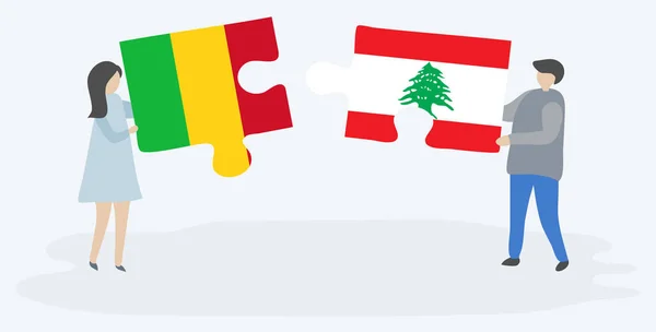 Pareja Sosteniendo Dos Piezas Rompecabezas Con Banderas Malí Líbano Malí — Archivo Imágenes Vectoriales